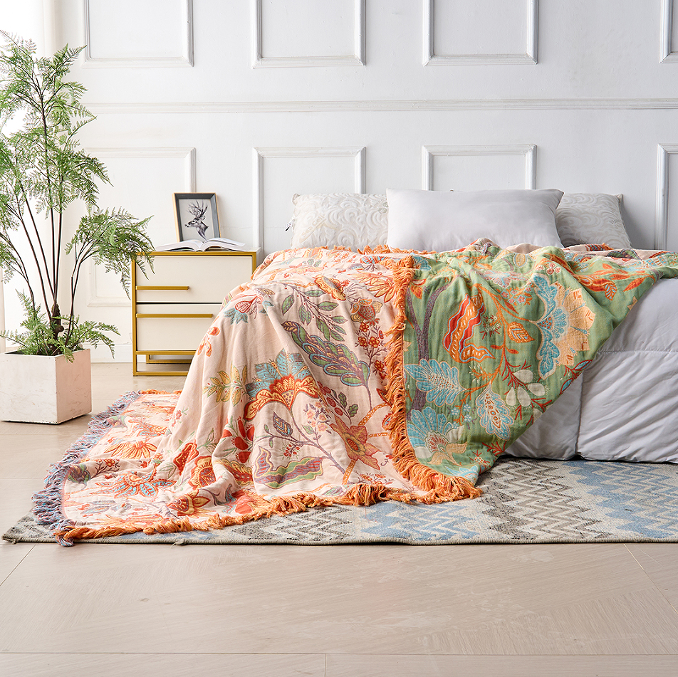 Breathable Cotton Blanket with Rustic Floral Boho Design for Sensitive Skin