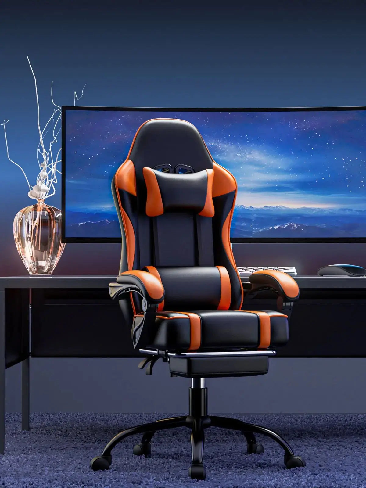 Ergonomic Reclining Gaming Chair with Footrest and PU Leather