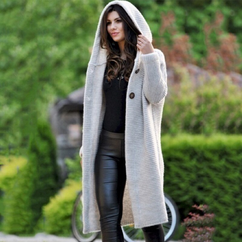 Women’s Hooded Cardigan Coat | Longline Chunky Knit | Cotton-Polyester Blend | Comfortable Fit