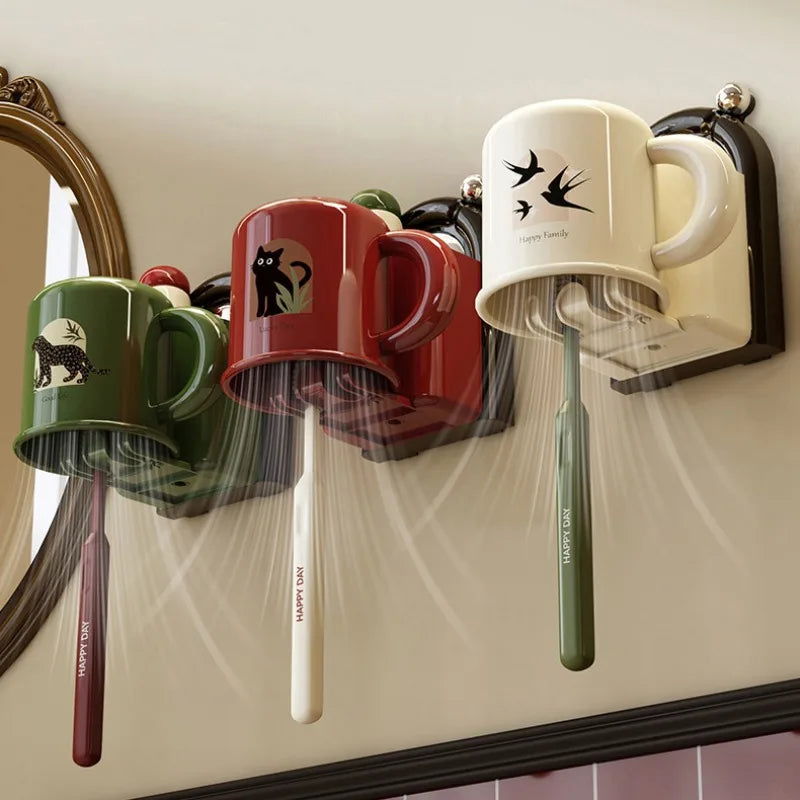 Wall-Mounted Toothbrush Organizer with Cup – No Drilling Required