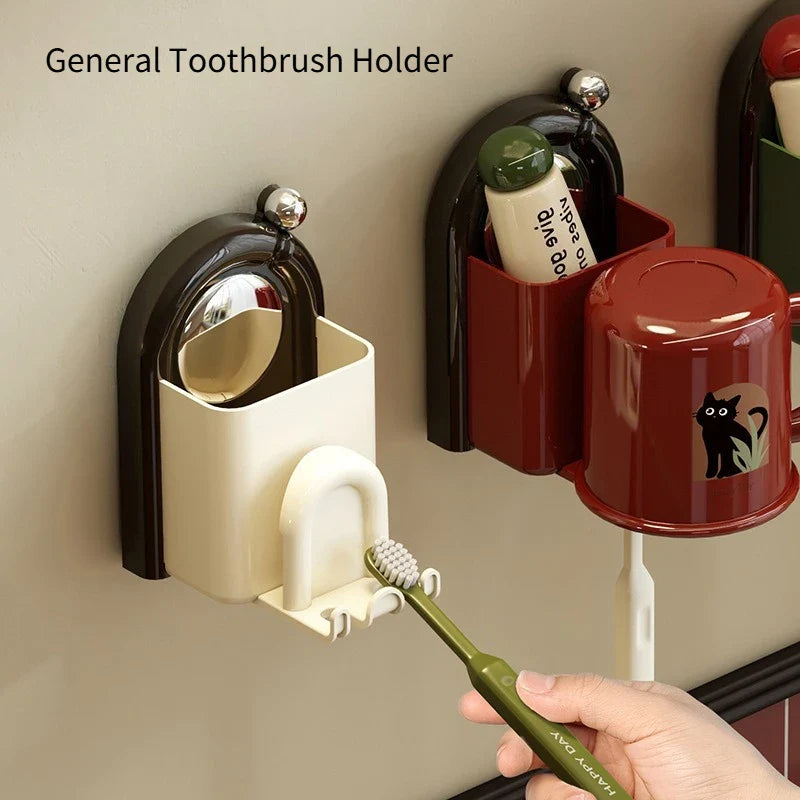 Wall-Mounted Toothbrush Organizer with Cup – No Drilling Required