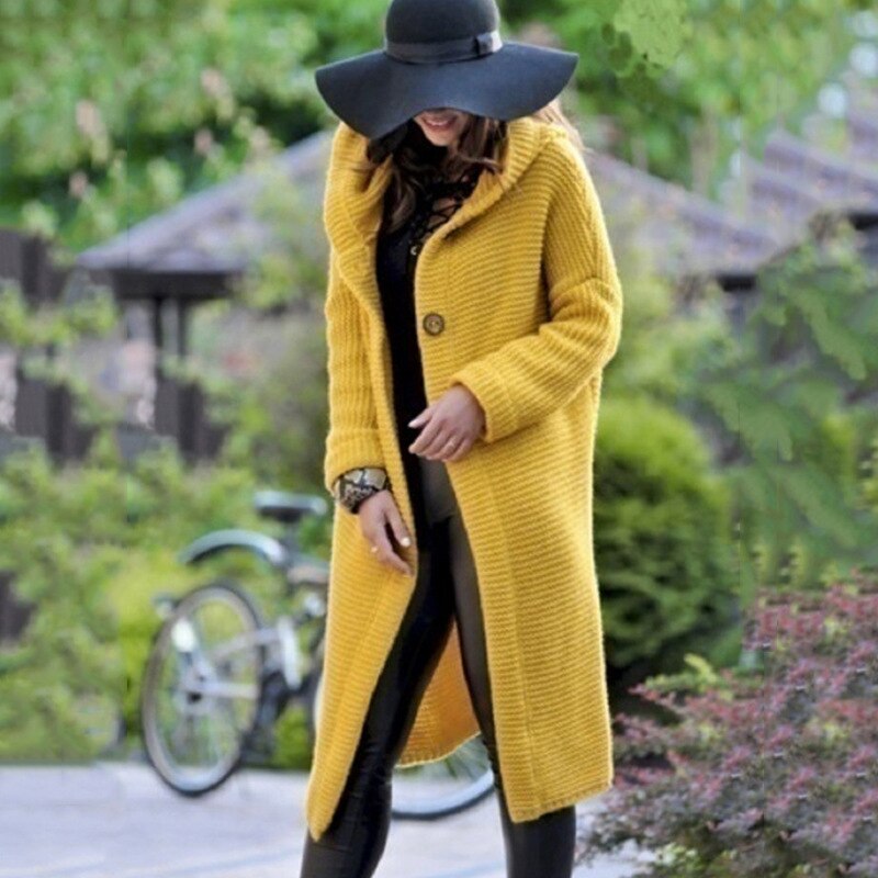 Women’s Hooded Cardigan Coat | Longline Chunky Knit | Cotton-Polyester Blend | Comfortable Fit