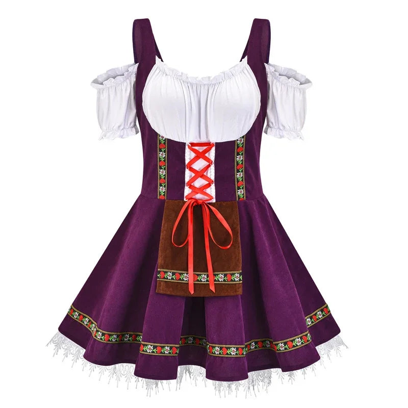 Women's Oktoberfest Dirndl Dress with Puff Sleeves and Lace-Up Corset