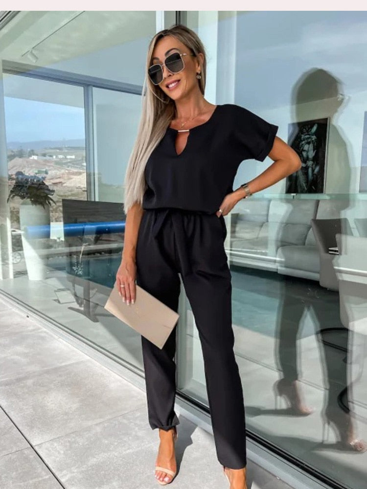 Women's Jumpsuit | Short-Sleeve with Tie Belt | Tailored Fit | Versatile Office & Event Wear