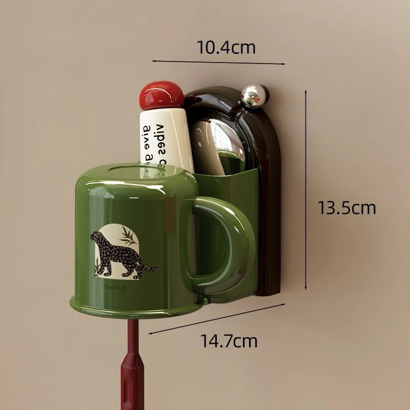 Wall-Mounted Toothbrush Organizer with Cup – No Drilling Required