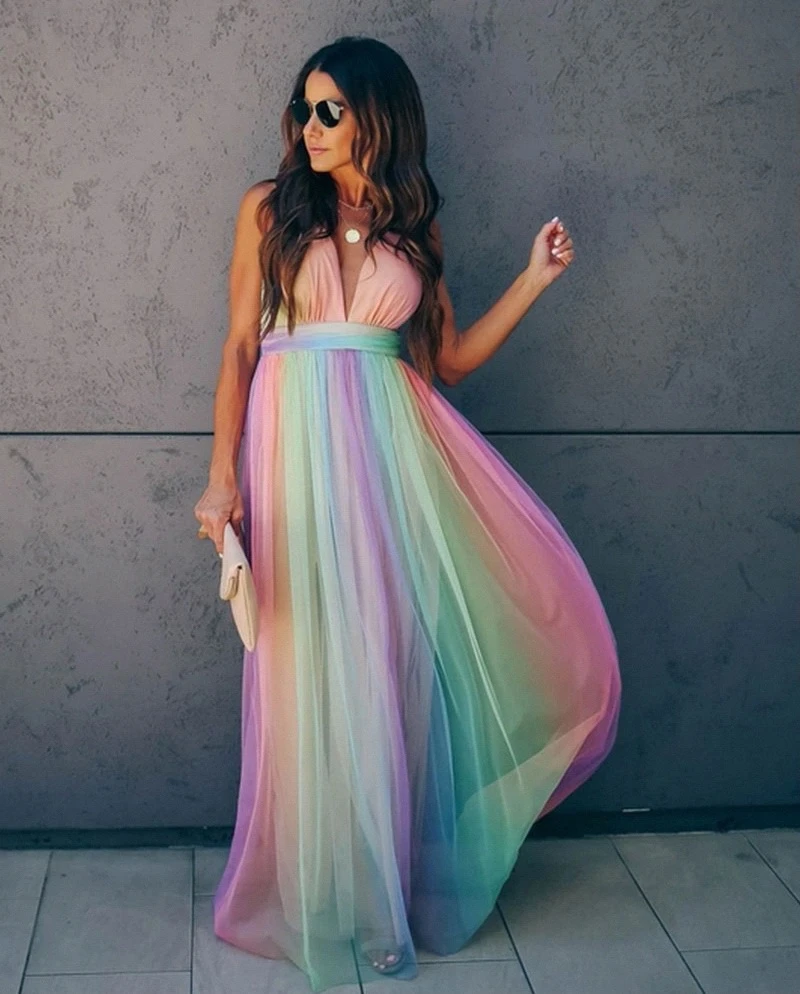 Women's Maxi Dress | Vibrant Rainbow Design | Layered Sheer Overlay | Comfortable Fit