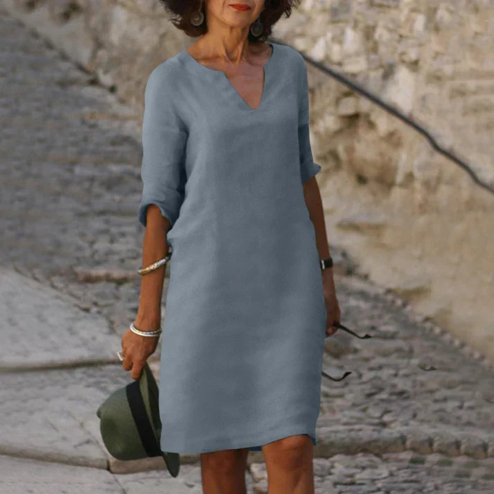 Women’s V-Neck Summer Dress | Linen-Look Polyester Fabric | Knee-Length Shift Silhouette | Breathable & Comfortable Fit