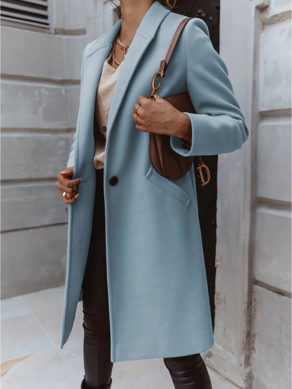 Women’s Knee-Length Coat | Notch Lapel & Single Button Closure | Durable Polyester | Autumn Winter Wear