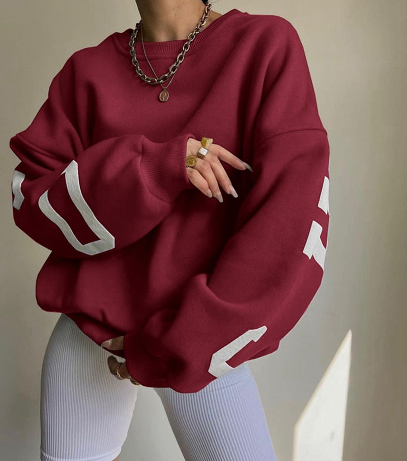 Women’s Sweatshirt | Oversized Crewneck with Graphic Sleeve Accents | Polyester Blend | Casual Winter Wear
