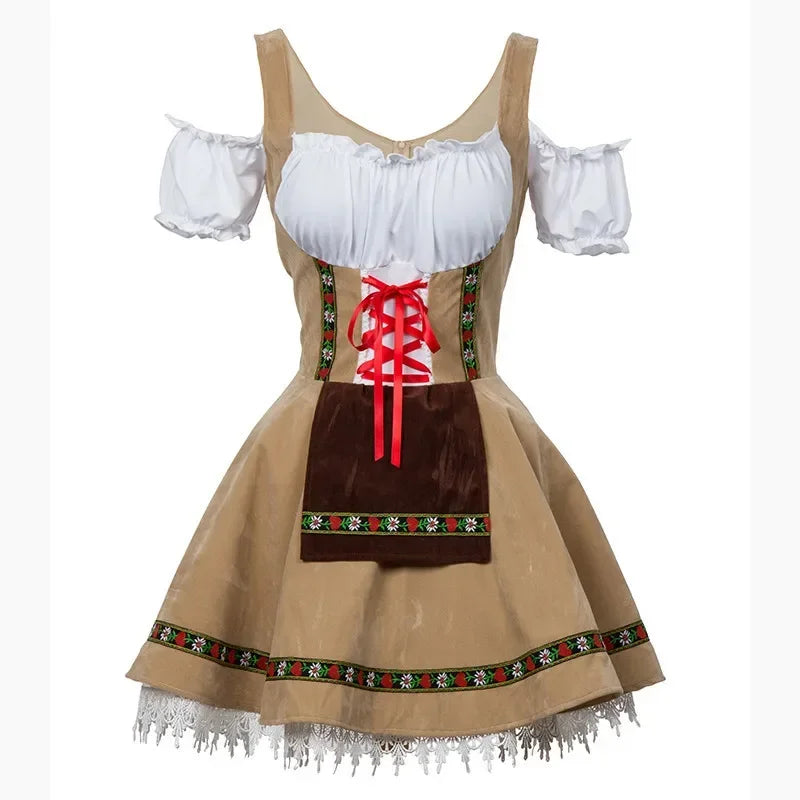 Women's Oktoberfest Dirndl Dress with Puff Sleeves and Lace-Up Corset