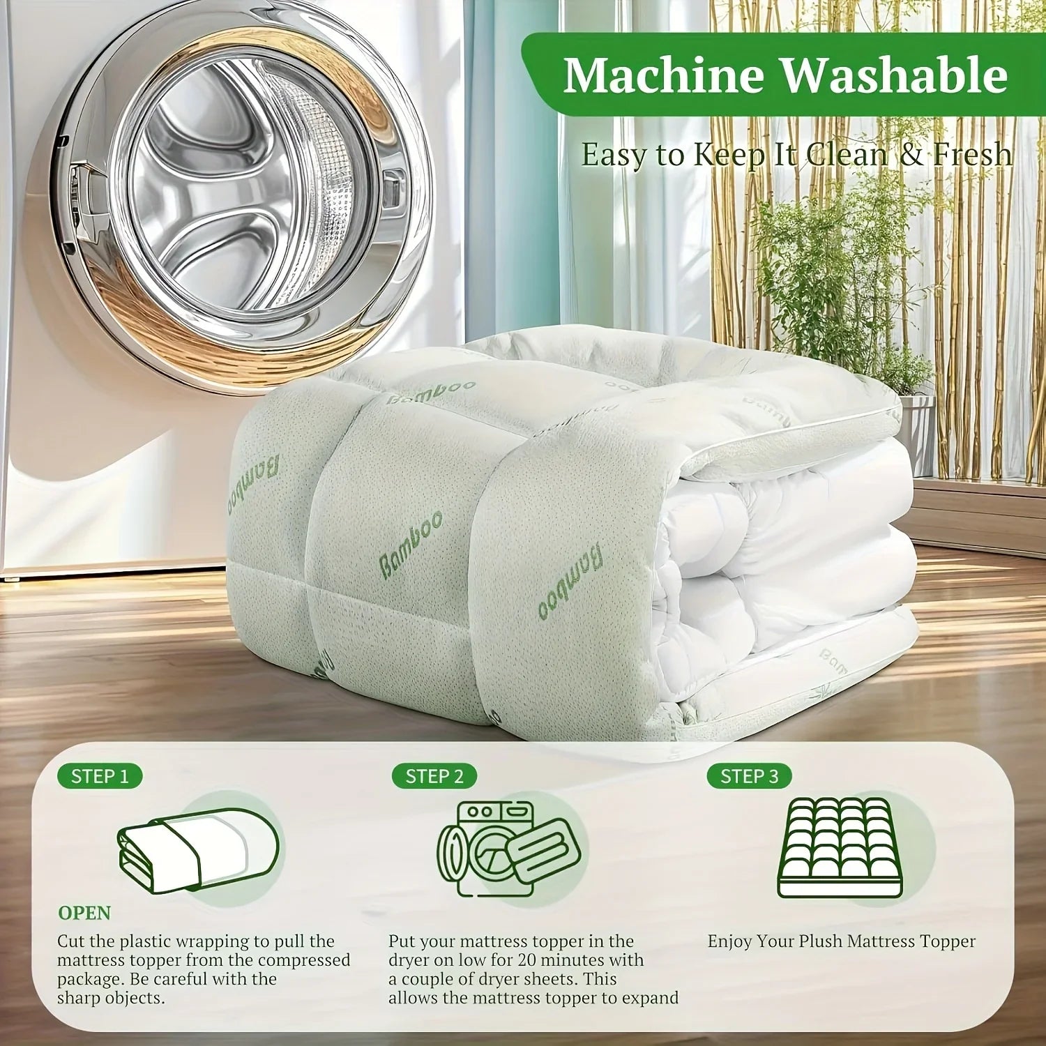 Cooling Mattress Topper with Pillow Top and Deep Pockets – Bamboo