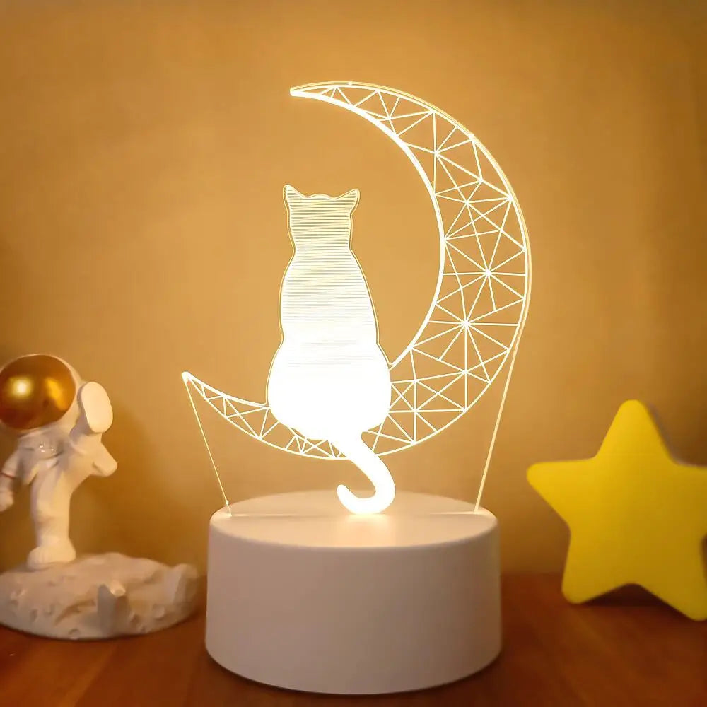 Moon Cat 3D Night Light Optical Illusion Lamp 7-Color Touch Bedroom Decor Lamp
