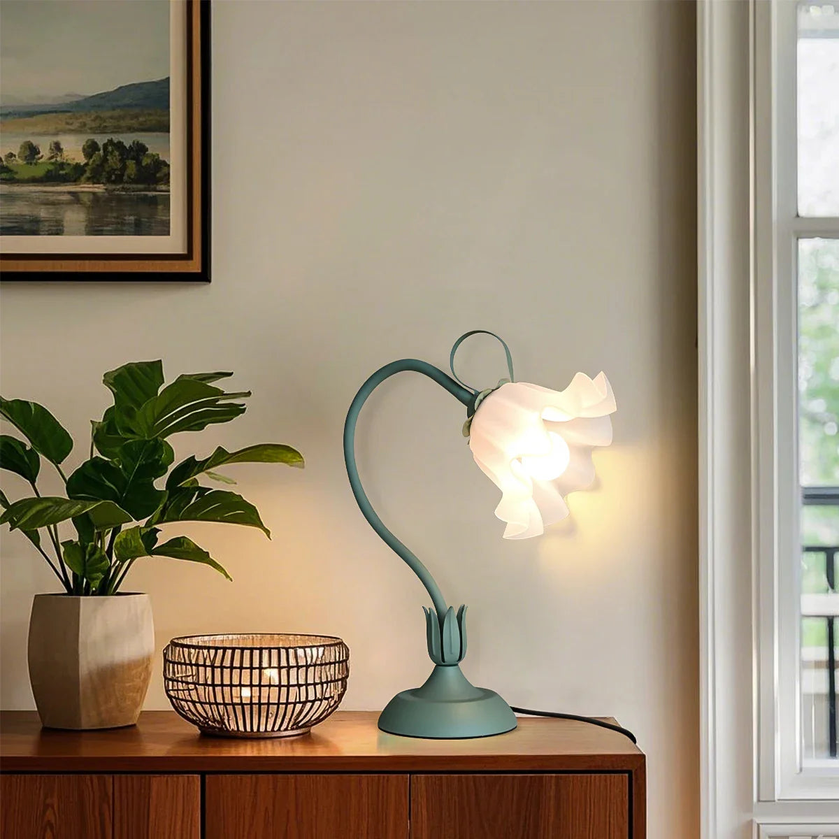 Charming Green Floral Table Lamp with Adjustable Light
