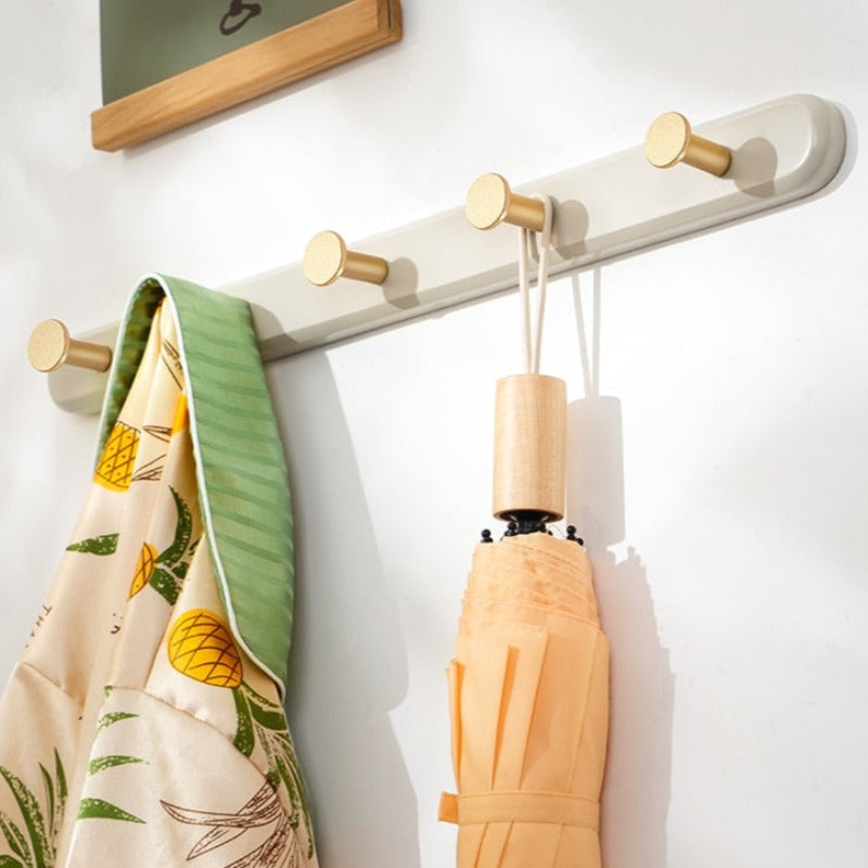 Vintage Taupe Wall Mounted Coat Rack with Hooks - Natural Taavita Wood & Gold Taavita Alloy