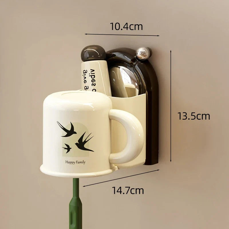 Wall-Mounted Toothbrush Organizer with Cup – No Drilling Required
