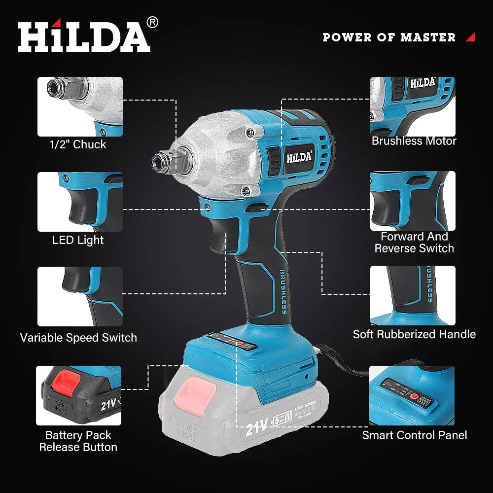 18V Cordless Impact Wrench 1/2 Inch Brushless Electric Socket Tool