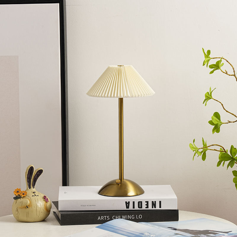 Contemporary Scandinavian Rechargeable Conical Pleated LED Table Lamp made of Iron Fabric for Nightstand