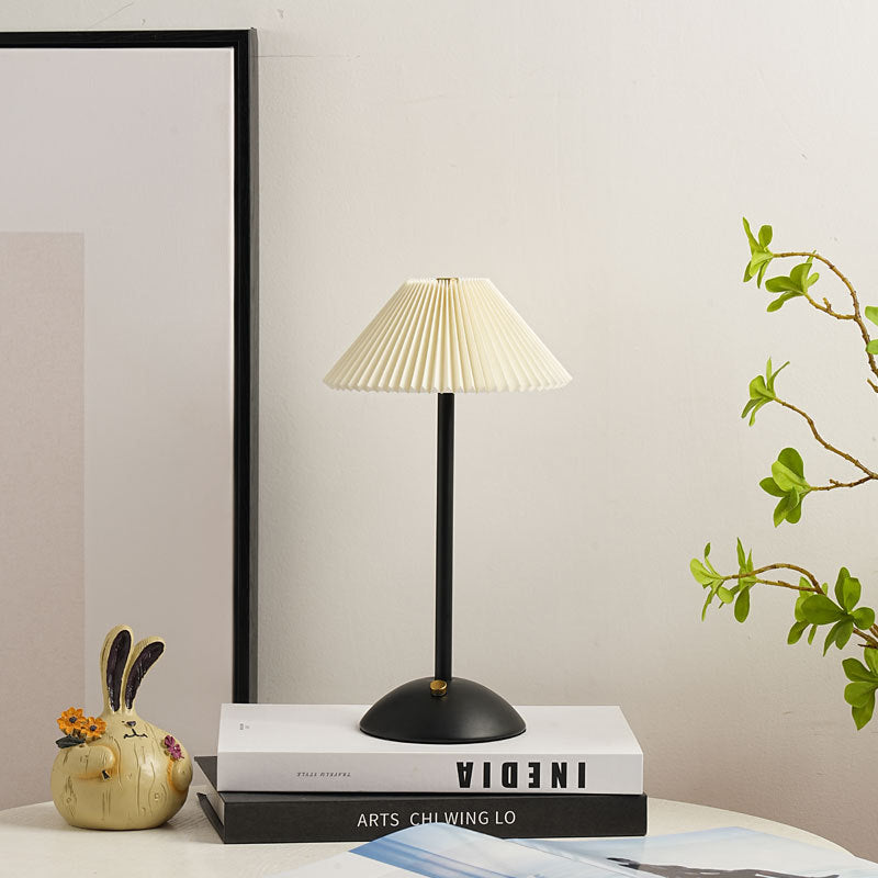 Contemporary Scandinavian Rechargeable Conical Pleated LED Table Lamp made of Iron Fabric for Nightstand