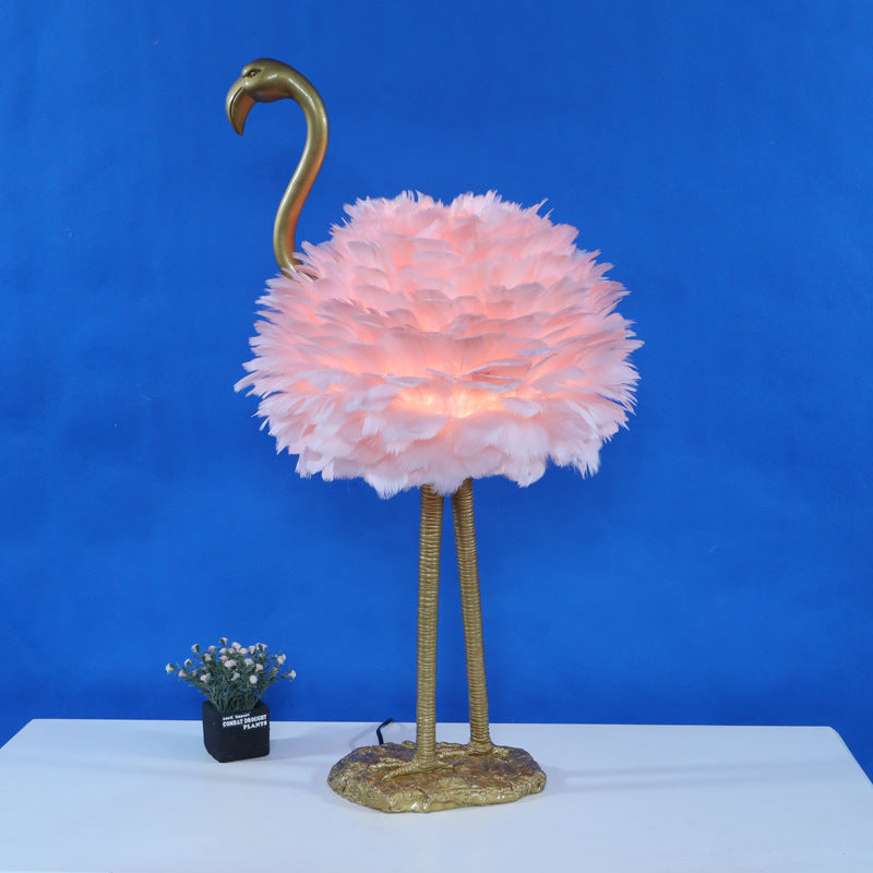 Contemporary Nordic Taavita Feather Metal Flamingo 1-Light Table Lamp for Nightstand