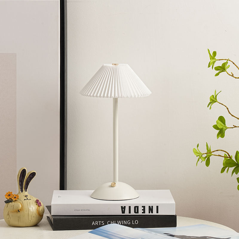 Contemporary Scandinavian Rechargeable Conical Pleated LED Table Lamp made of Iron Fabric for Nightstand