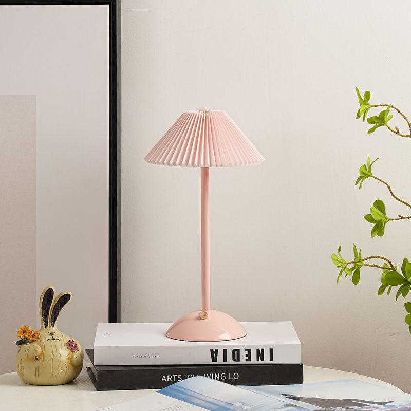 Contemporary Scandinavian Rechargeable Conical Pleated LED Table Lamp made of Iron Fabric for Nightstand