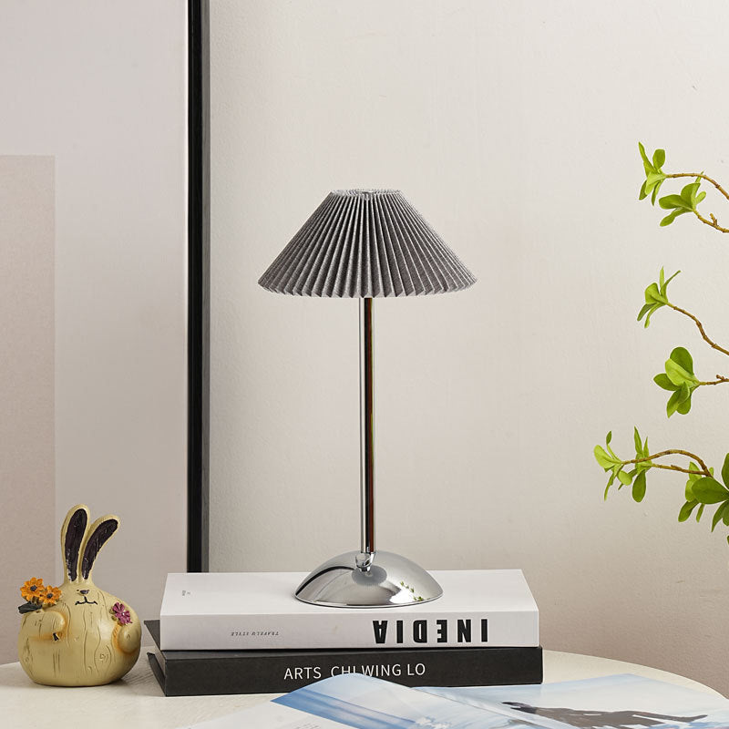 Contemporary Scandinavian Rechargeable Conical Pleated LED Table Lamp made of Iron Fabric for Nightstand