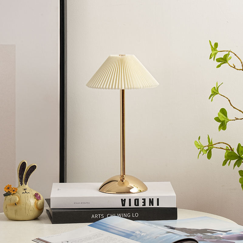 Contemporary Scandinavian Rechargeable Conical Pleated LED Table Lamp made of Iron Fabric for Nightstand