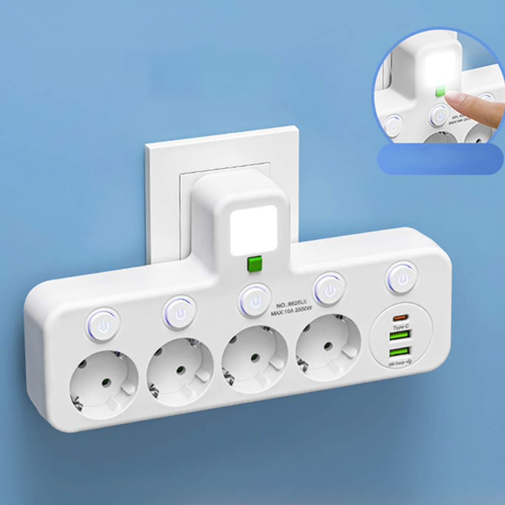 Multi-Outlet Charger with USB Ports and Soft Glow Light