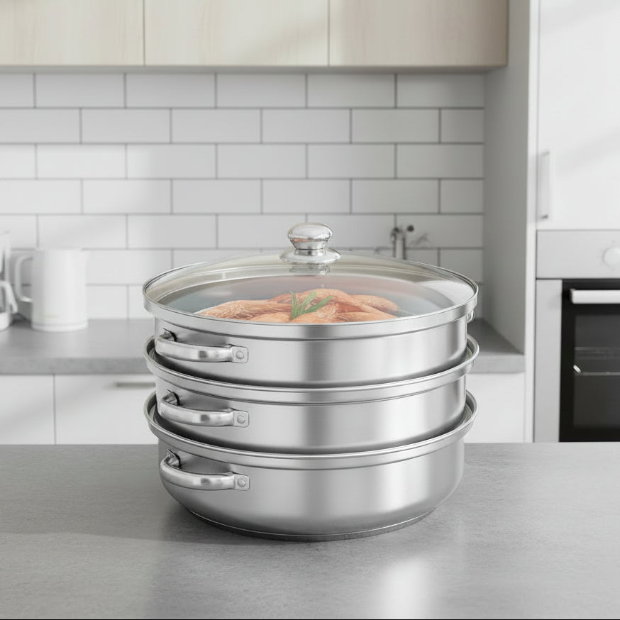 TriSteam Pro 3-Tier Stainless Steel Cooking Steamer with Glass Lid