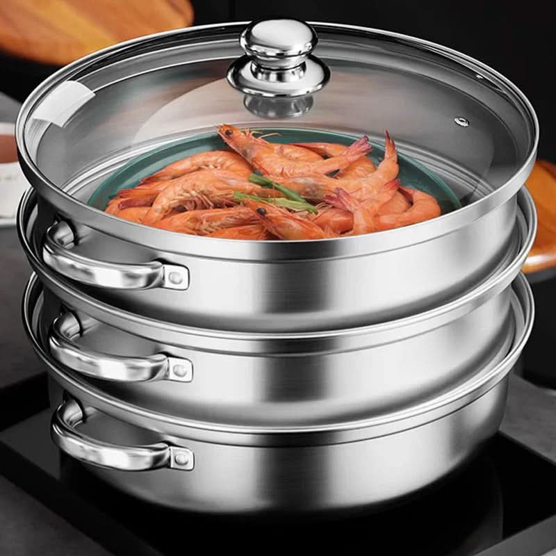 TriSteam Pro 3-Tier Stainless Steel Cooking Steamer with Glass Lid