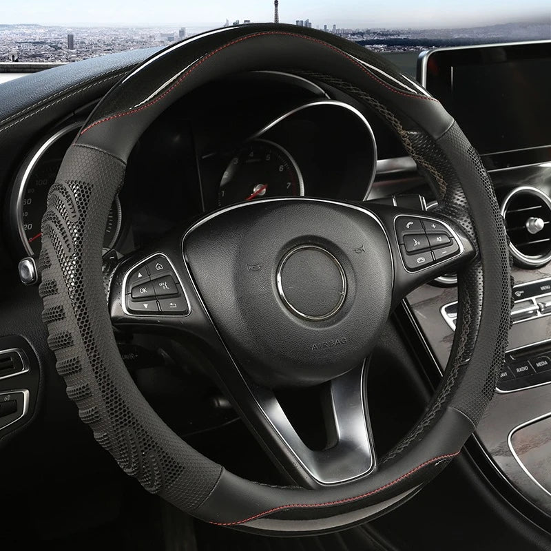 Non-Slip Honeycomb Textured Steering Wheel Cover in Faux Leather