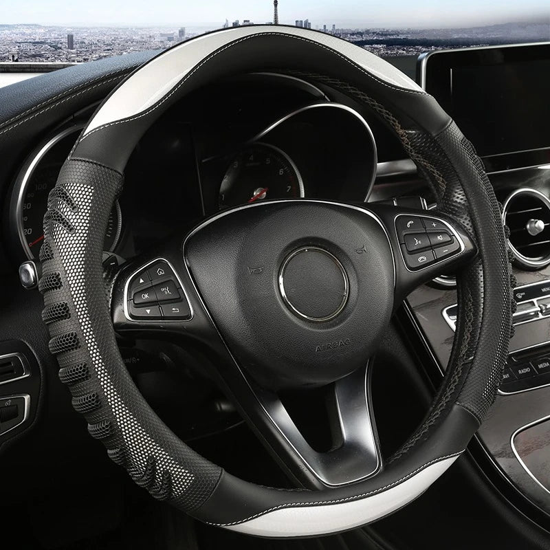 Non-Slip Honeycomb Textured Steering Wheel Cover in Faux Leather