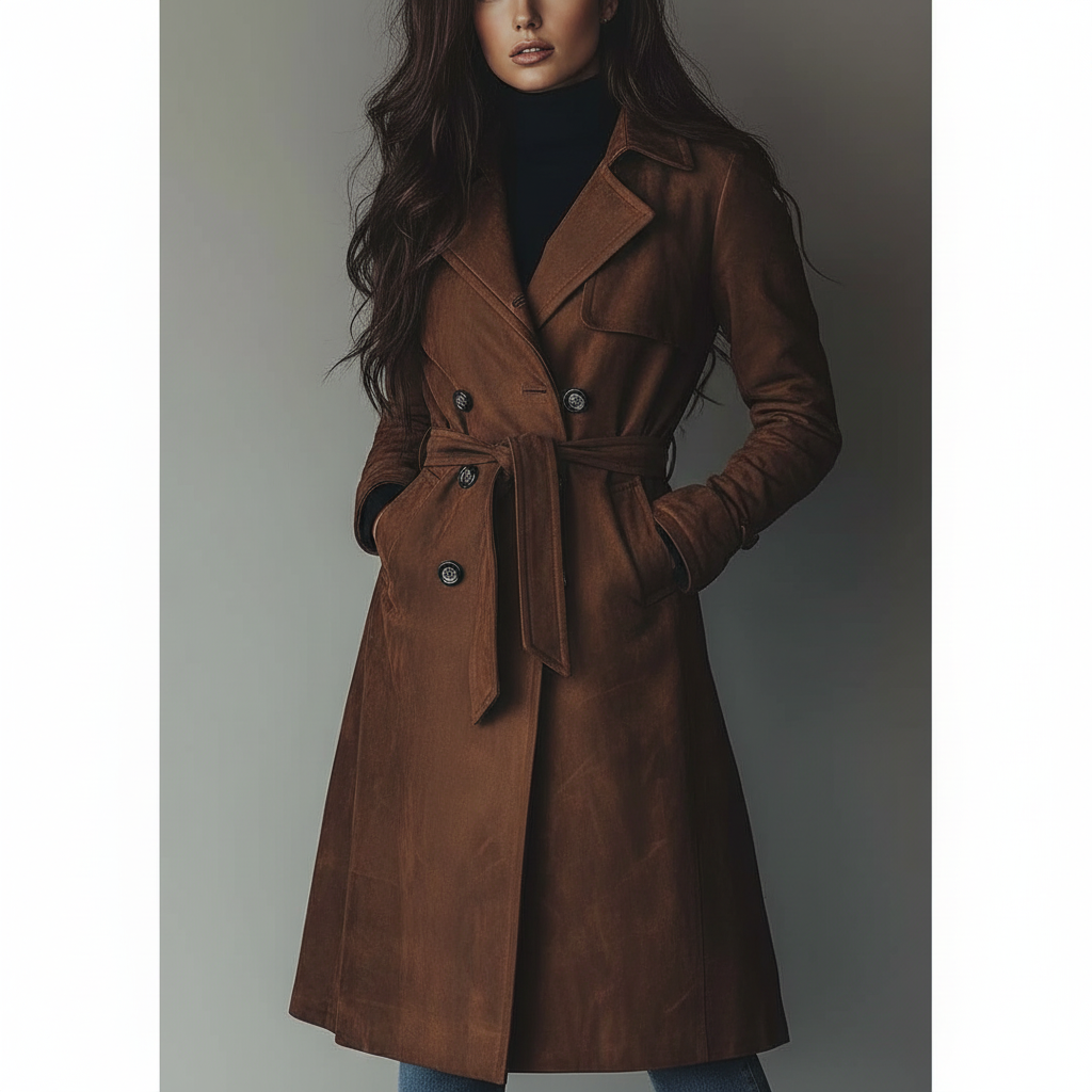 Chic Long Suede Trench Coat for Fall and Winter Fashion