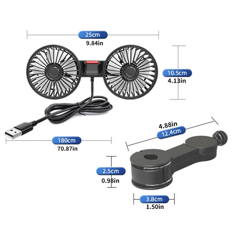 Versatile Dual-Head USB Car Fan with 360° Rotation & 3 Speeds