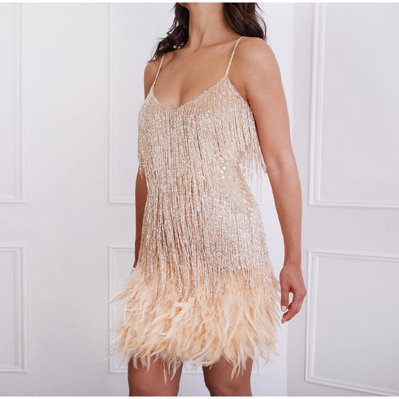 Women’s Cocktail Dress | Sequin Fringe & Feathered Hem | Fitted Slip Silhouette | Elegant Party Wear