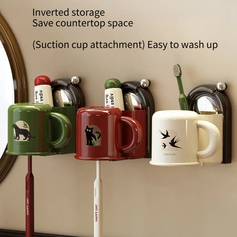 Wall-Mounted Toothbrush Organizer with Cup – No Drilling Required