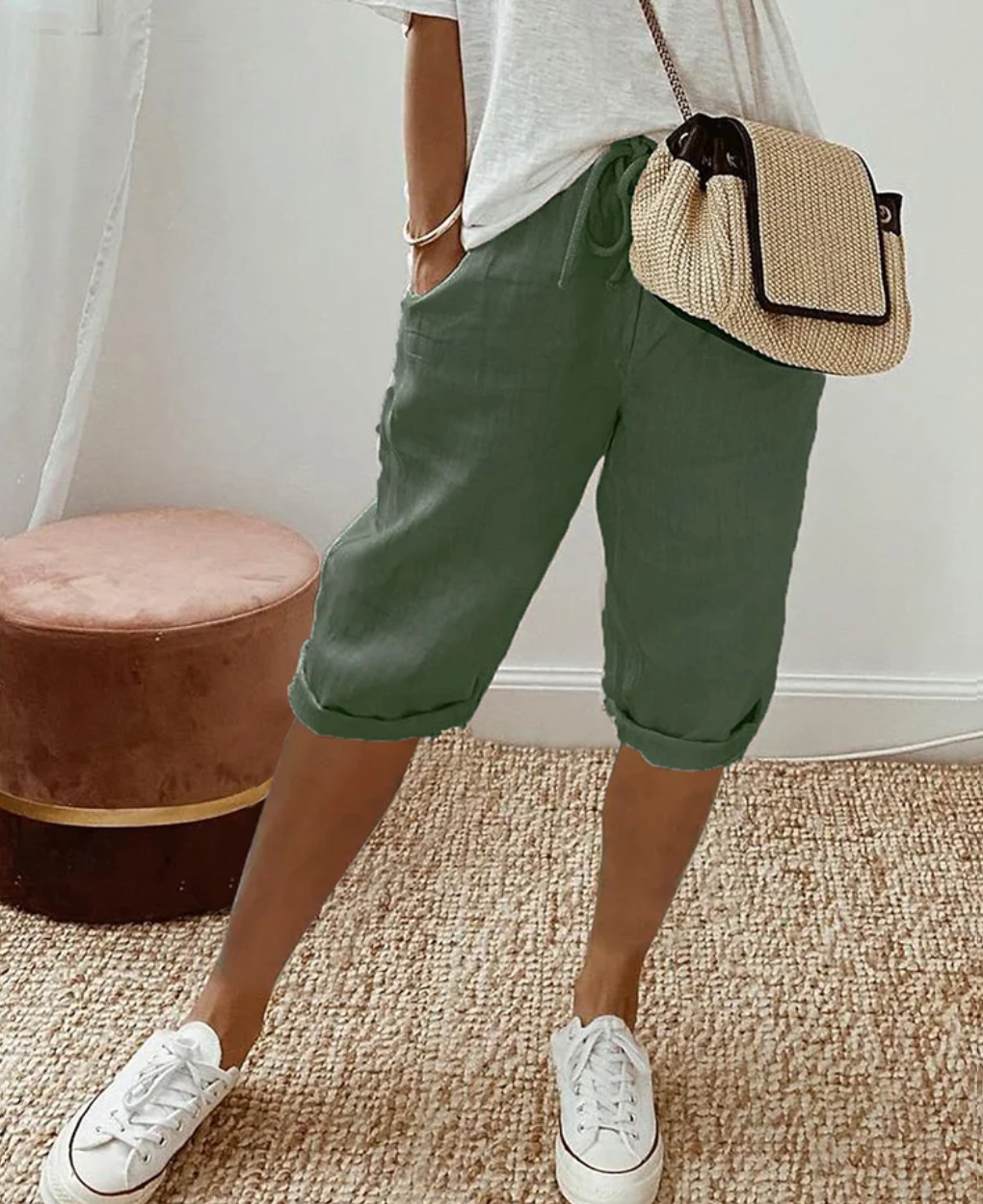 Women’s Linen Knee-Length Shorts | High-Rise Fit & Drawstring Waist | Breathable Stretch Fabric | Versatile Casual Wear