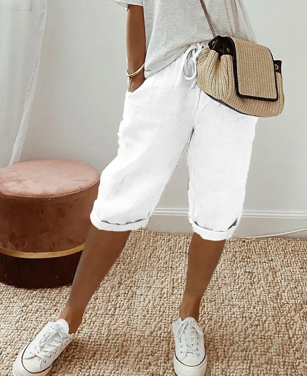 Women’s Linen Knee-Length Shorts | High-Rise Fit & Drawstring Waist | Breathable Stretch Fabric | Versatile Casual Wear
