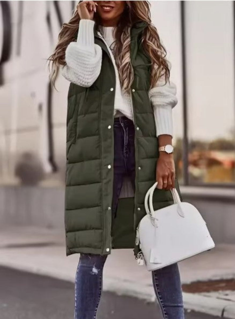 Women’s Sleeveless Vest | Long Quilted Hooded Design | Insulated with Pockets | Comfortable Warmth