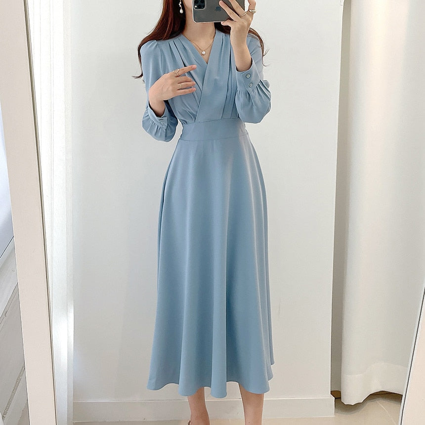 Women’s V-Neck Long-Sleeve Dress | Polyester Stretch Fabric | Midi to Maxi Length | Comfortable Fit