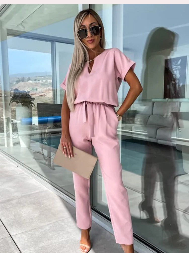 Women's Jumpsuit | Short-Sleeve with Tie Belt | Tailored Fit | Versatile Office & Event Wear
