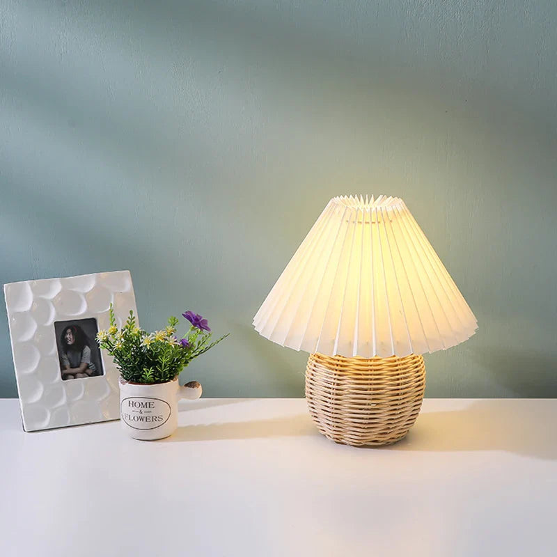 Vintage-Inspired USB LED Bedside Lamp with Pleated Shade