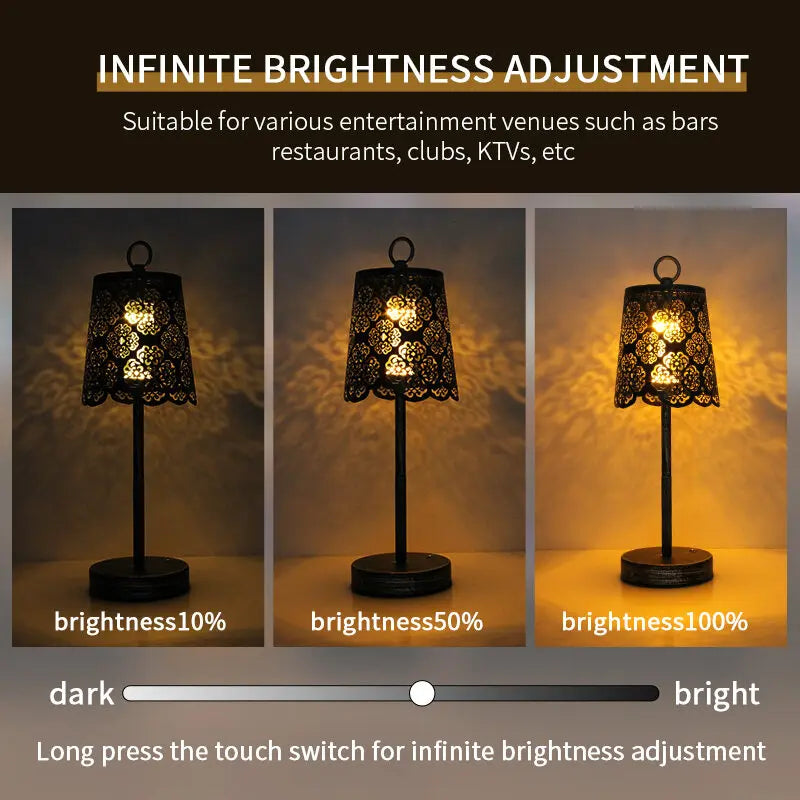 Vintage Wrought Iron Table Lamp Rechargeable Portable LED Ambient Desk Light