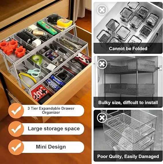 3-Tier Drawer Storage Organizer with Adjustable Dividers for Office & Kitchen