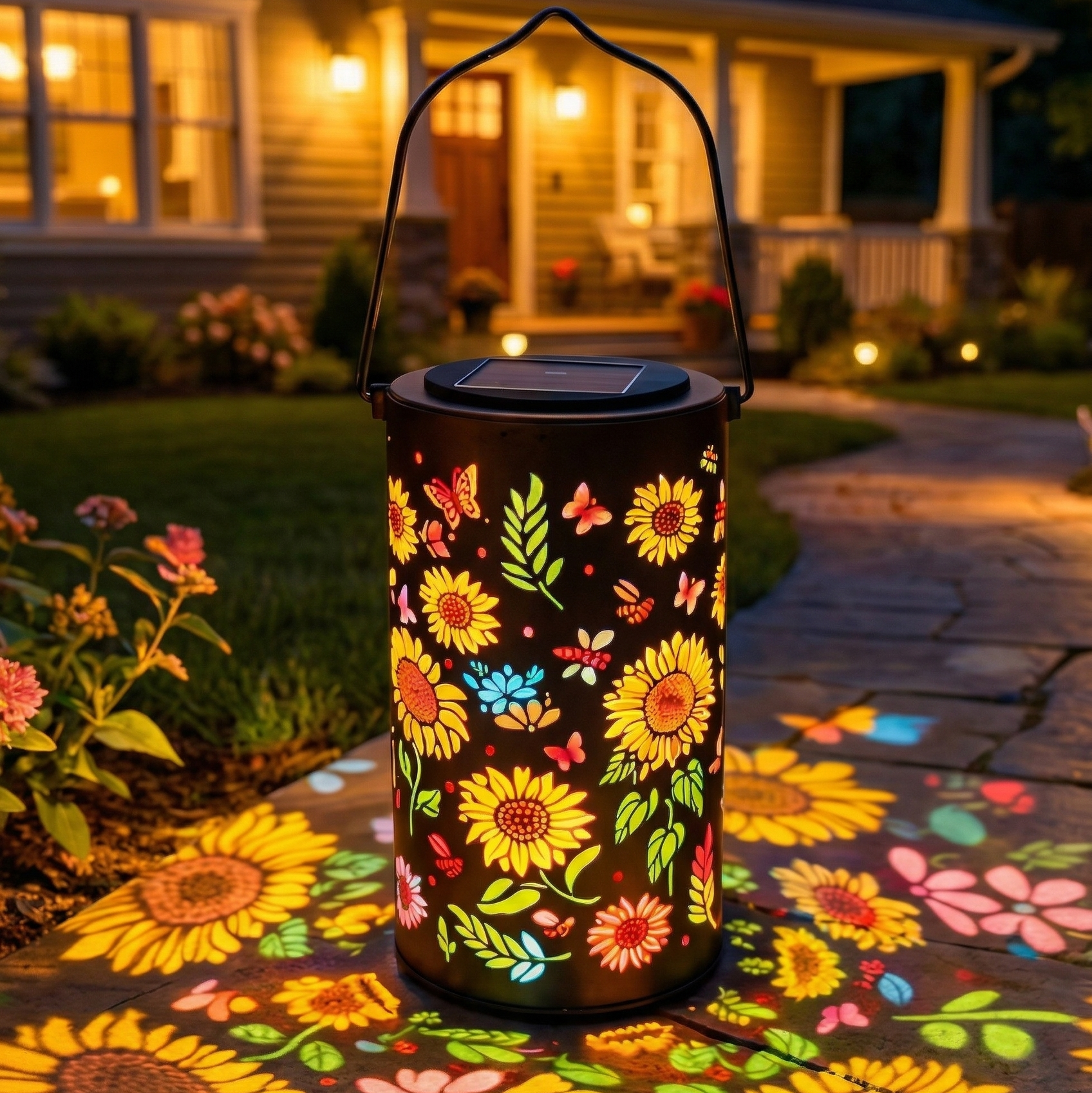 Outdoor Solar Lantern with Colorful Light Patterns - Handcrafted Metal Design for Beautiful Garden Atmosphere