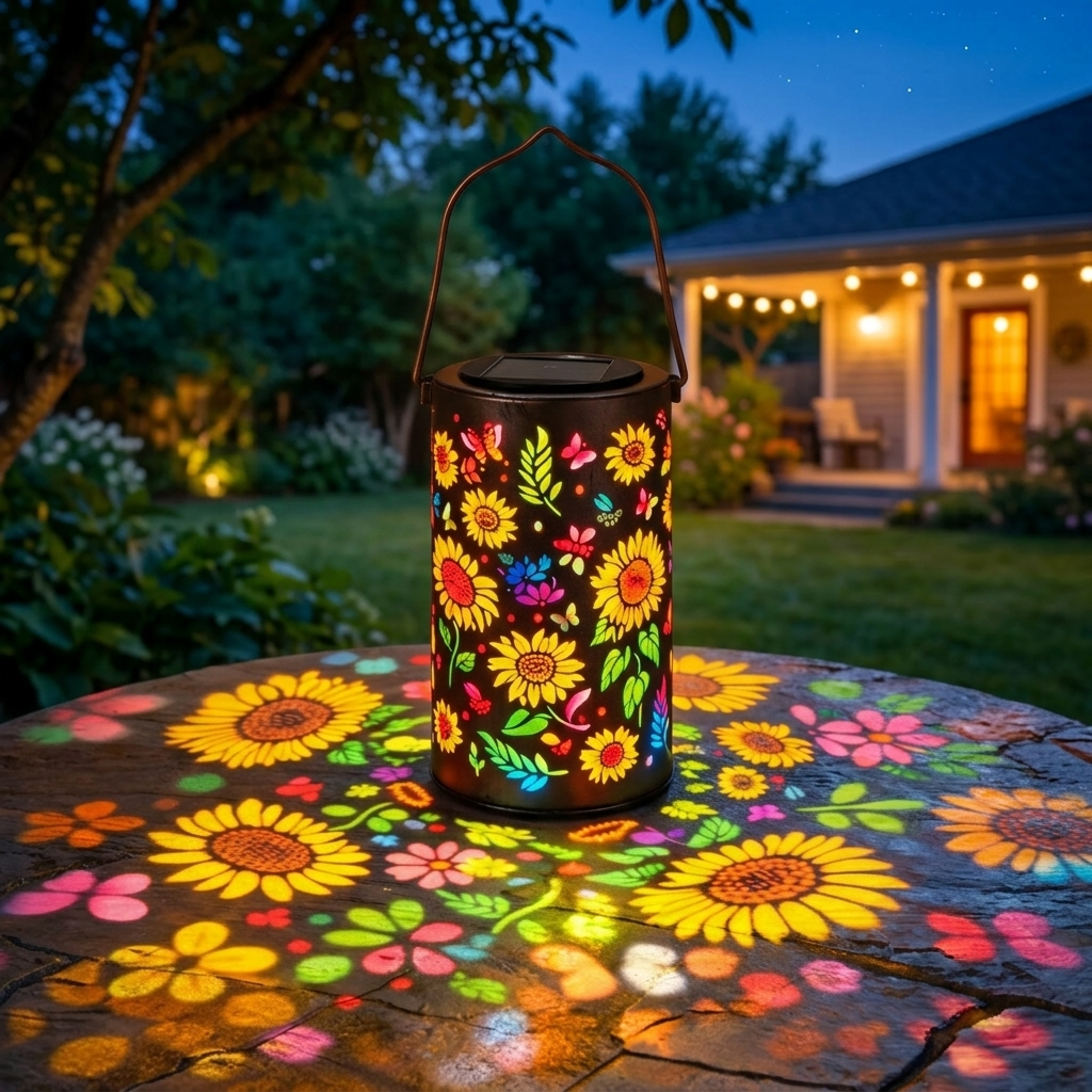 Outdoor Solar Lantern with Colorful Light Patterns - Handcrafted Metal Design for Beautiful Garden Atmosphere