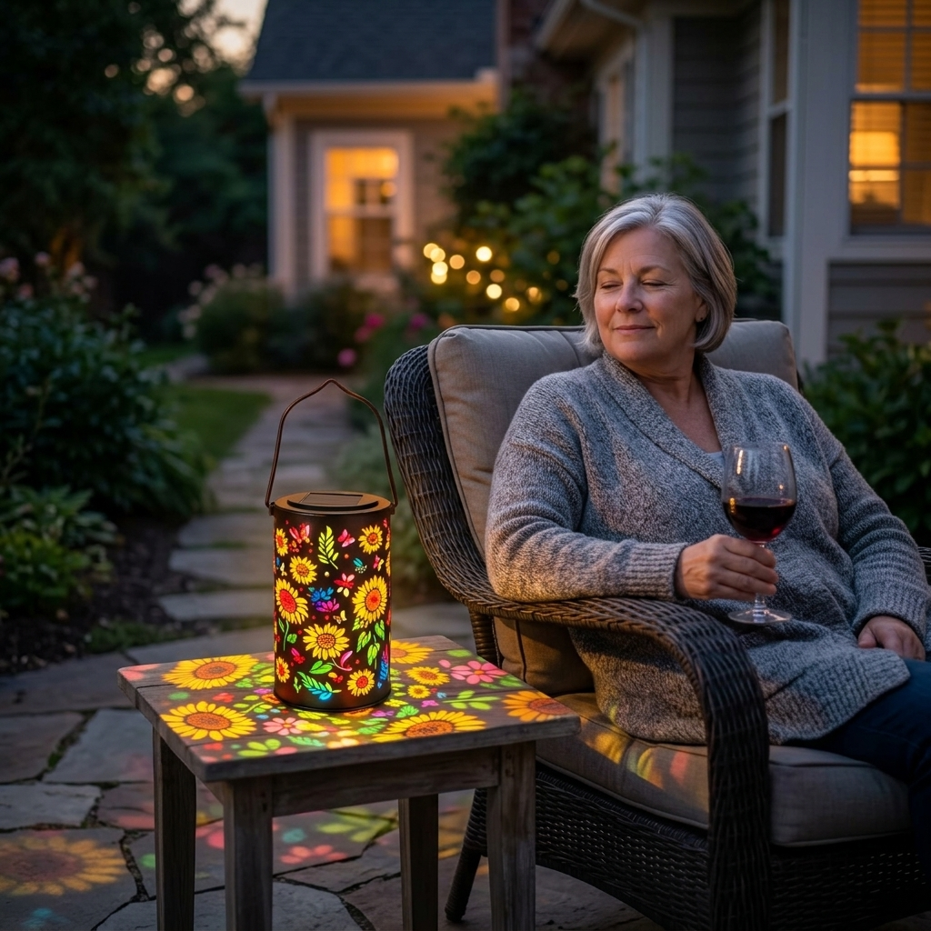 Outdoor Solar Lantern with Colorful Light Patterns - Handcrafted Metal Design for Beautiful Garden Atmosphere