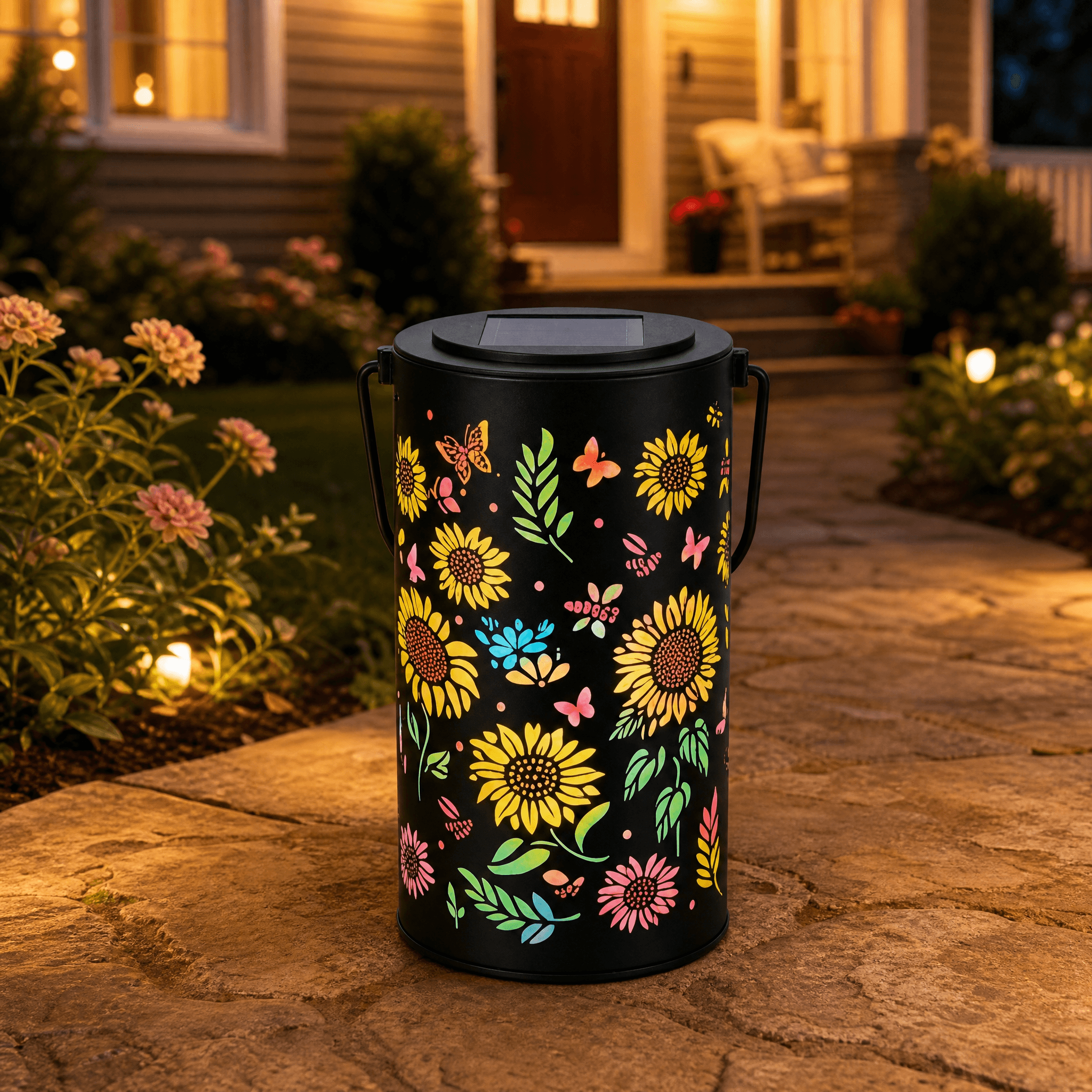 Outdoor Solar Lantern with Colorful Light Patterns - Handcrafted Metal Design for Beautiful Garden Atmosphere