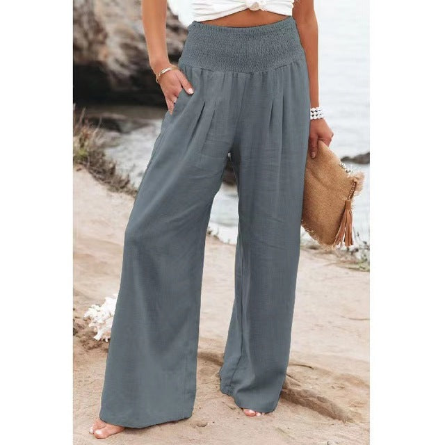 Women's High-Waisted Wide-Leg Palazzo Pants | Elastic Smocked Waist | 100% Polyester | Comfortable Fit