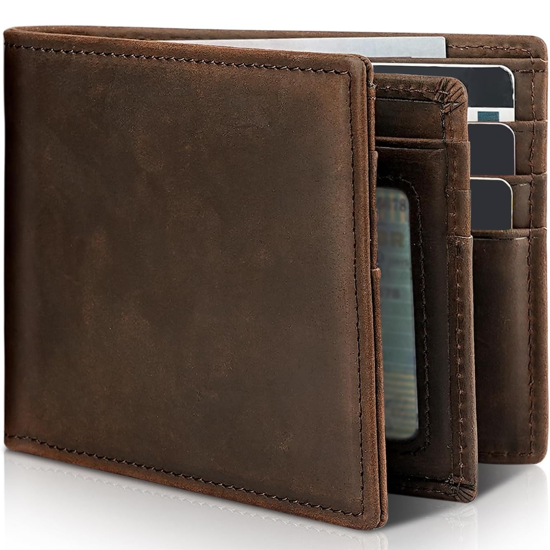 Slim Bifold Wallet for Men - Genuine Leather, RFID Protection, 13 Card Slots, ID Window